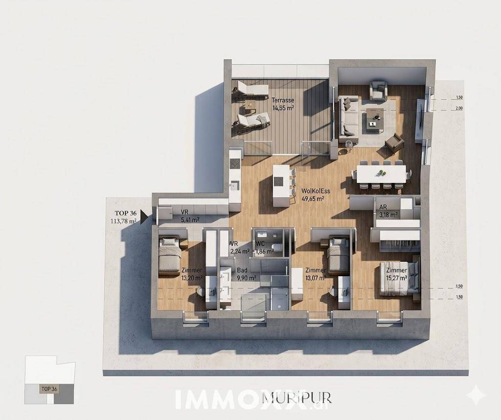Grundriss einer modernen Wohnung mit offenem Wohn-Essbereich, drei Schlafzimmern und einer großen Terrasse.
