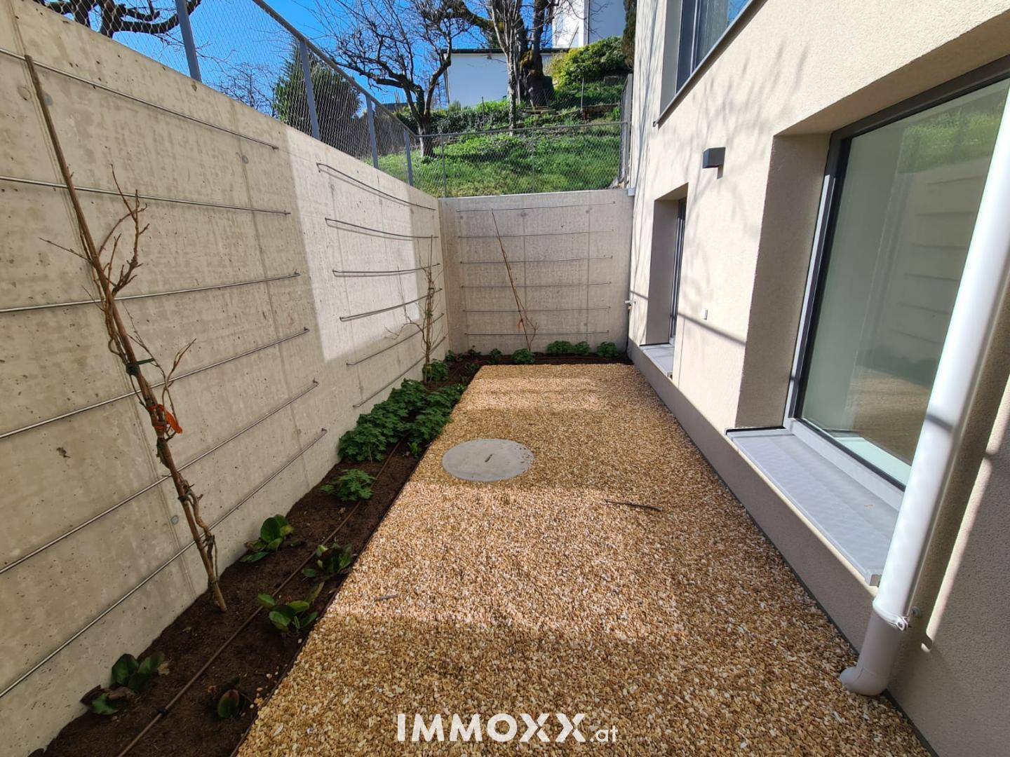 Kleiner, pflegeleichter Gartenbereich mit Kies und einer modernen Betonwand.