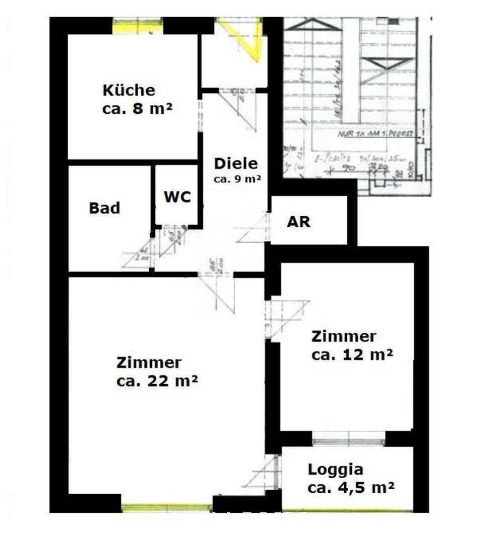 Grundriss der Wohnung mit Küche, Bad, WC, Diele, zwei Zimmern und Loggia.