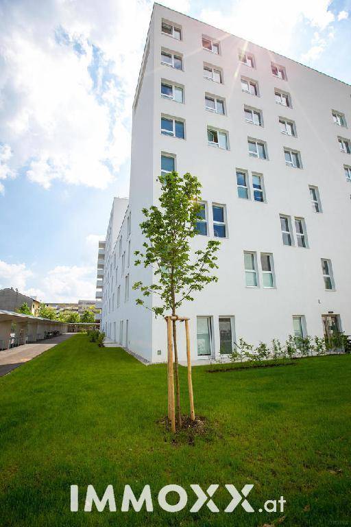 Moderne weiße Fassade eines Wohngebäudes mit vielen Fenstern und gepflegter Grünfläche.