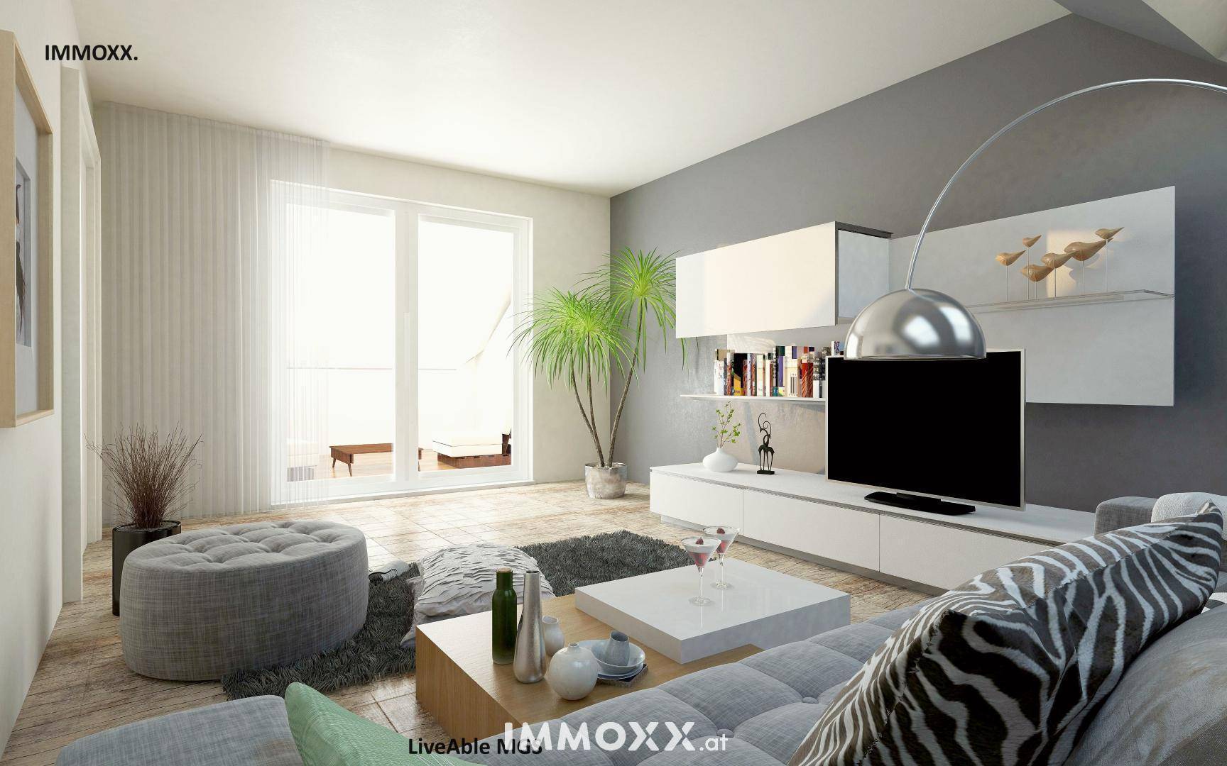 Modernes Wohnzimmer mit stilvollen Möbeln, großen Fenstern und viel natürlichem Licht.
