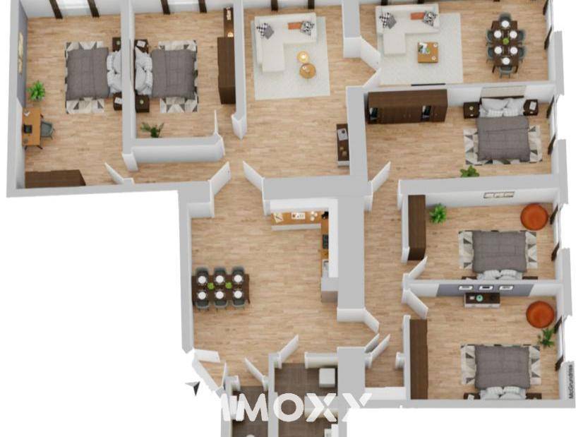 Detaillierter Grundriss einer Wohnung mit mehreren Schlafzimmern und offenem Wohnbereich.