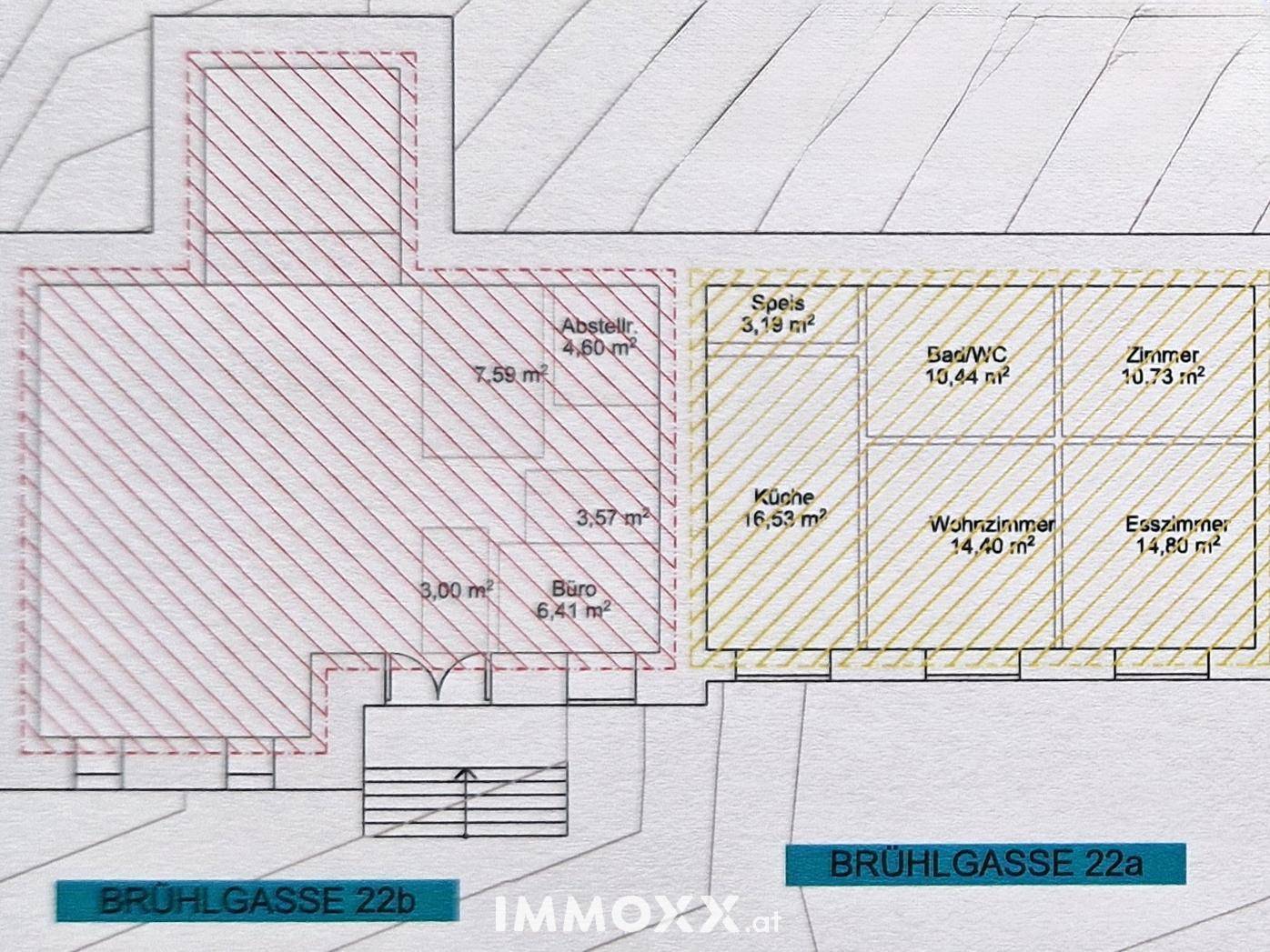 Grundrissplan mit Raumaufteilung für Küche, Wohnzimmer, Esszimmer und Büro.