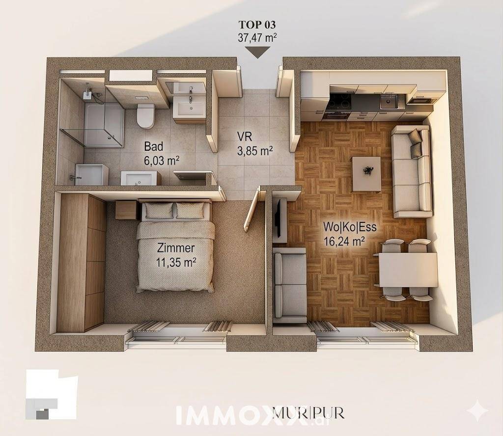 3D-Grundriss einer modernen Wohnung mit Schlafzimmer, Bad und offenem Wohn-Koch-Essbereich.