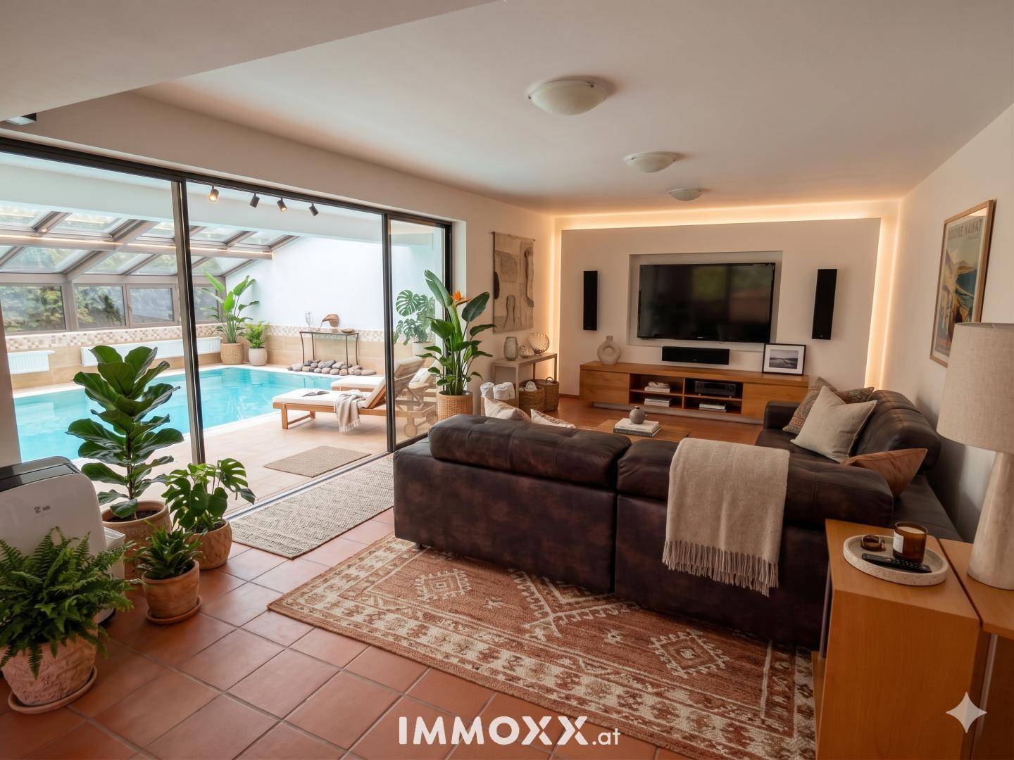 Gemütliches Wohnzimmer mit direktem Zugang zu einem überdachten Innenpoolbereich und Terracotta-Boden.