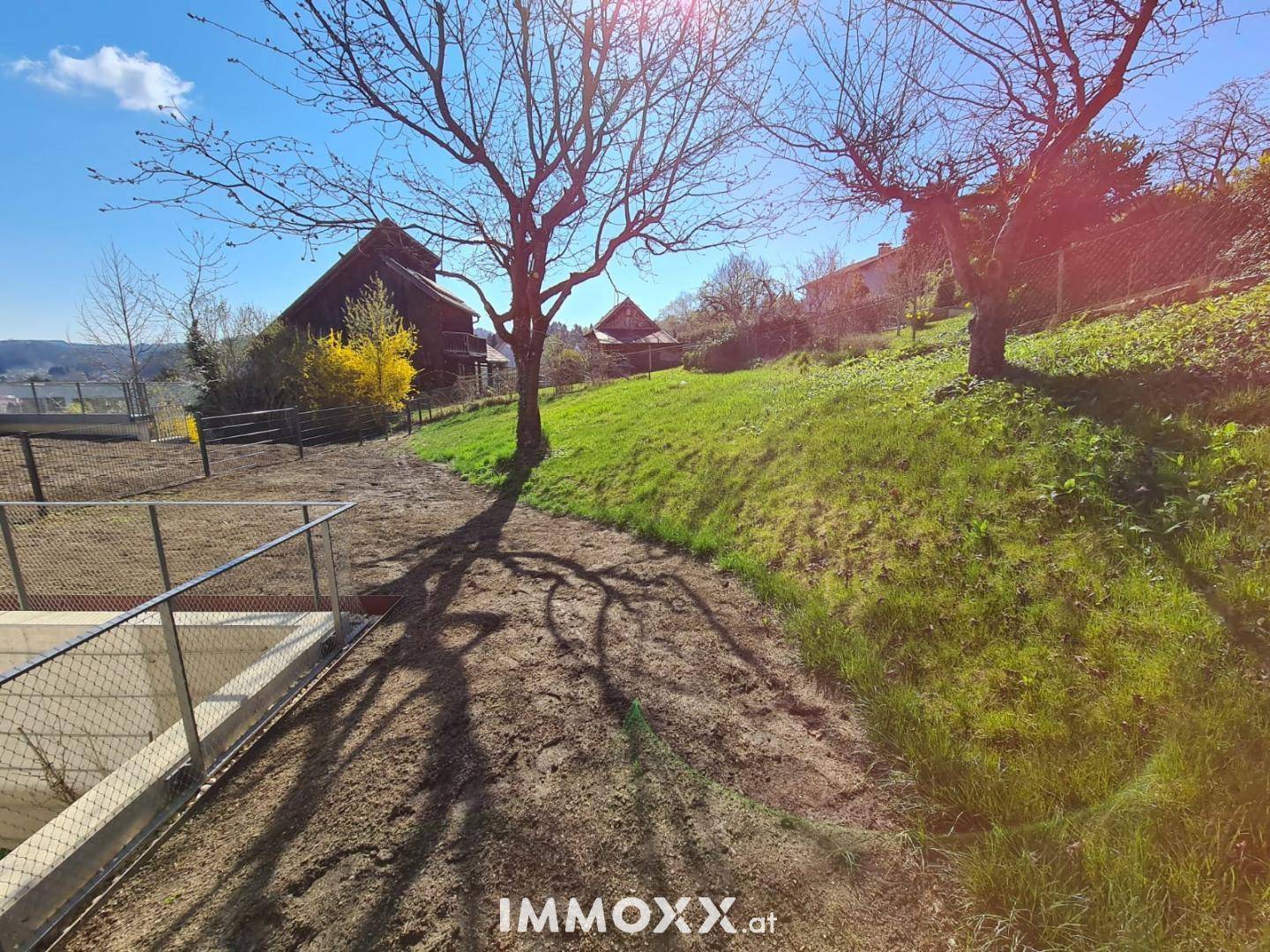 Naturbelassener Gartenbereich mit Bäumen und einer sonnigen Hanglage.