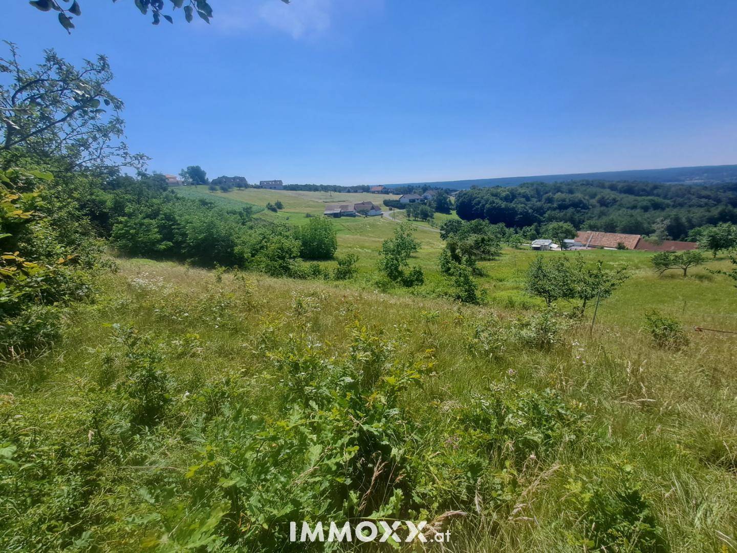 Panoramablick über eine idyllische grüne Landschaft mit Bäumen und ländlicher Bebauung.