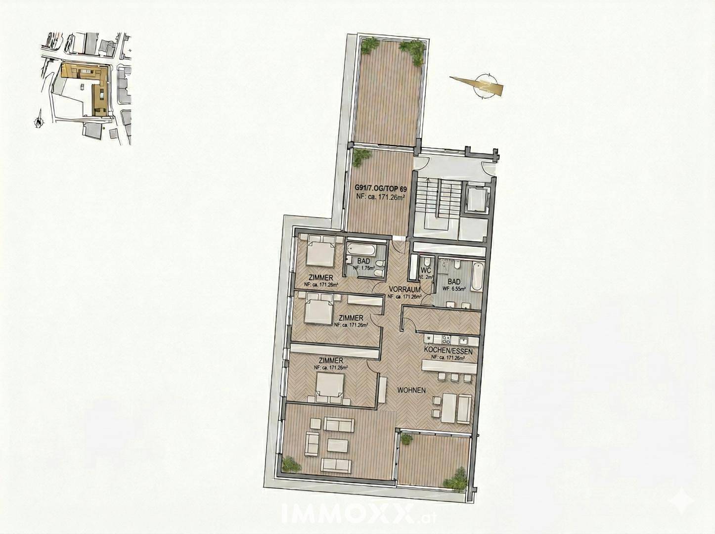 Grundriss einer Dachgeschosswohnung mit drei Schlafzimmern und großer Terrasse.