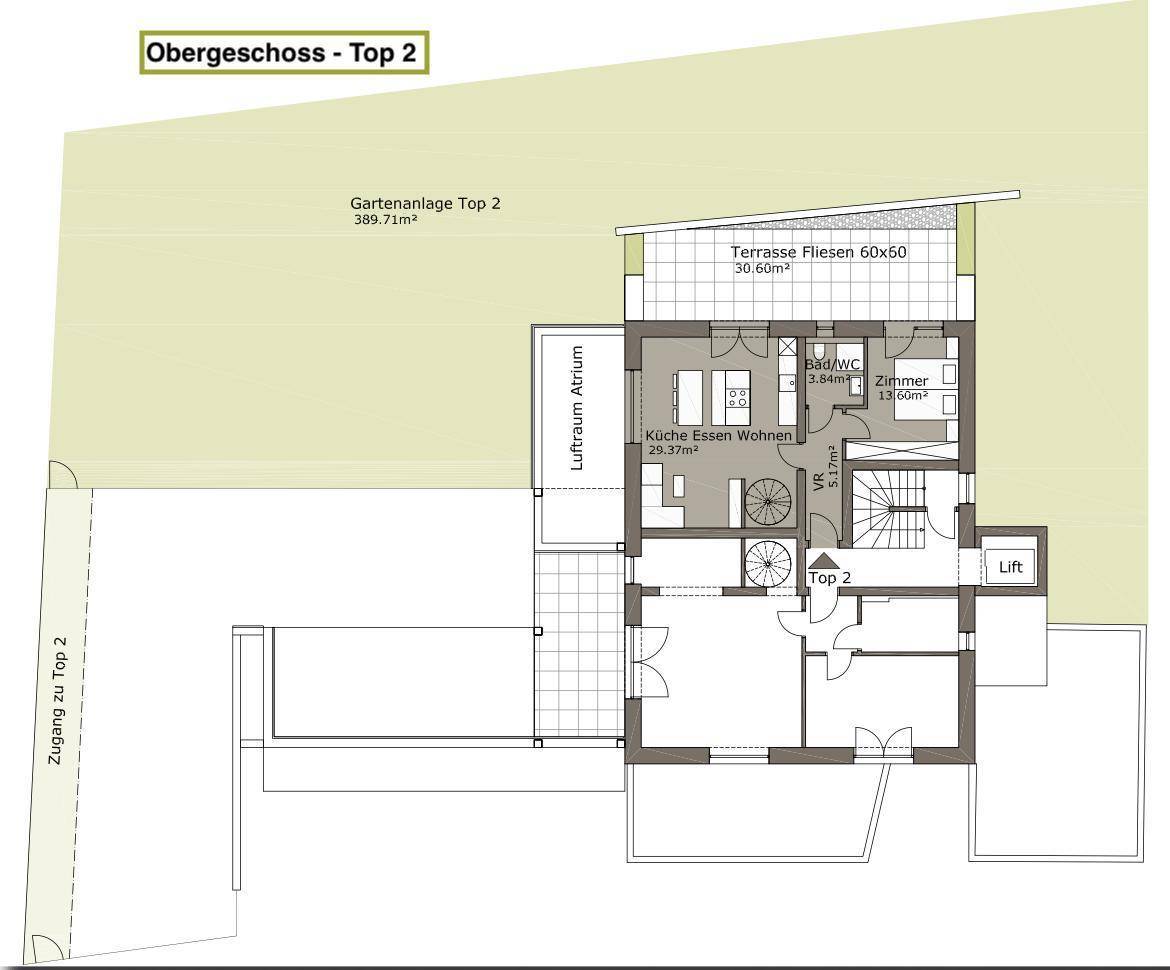 Grundriss des Obergeschosses von Top 2 mit offener Küche, Wohnbereich und großer Terrasse.