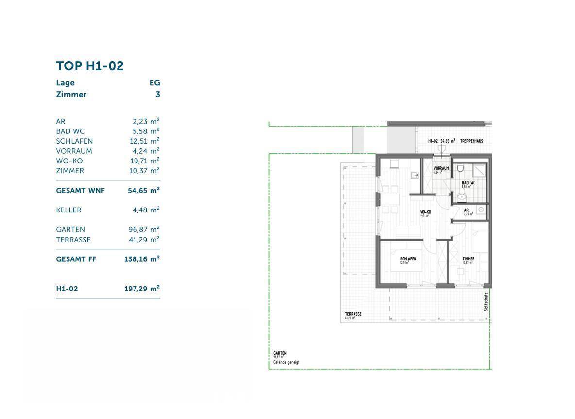 Grundrissplan mit Raumaufteilung, Flächenangaben und Terrasse im Erdgeschoss.