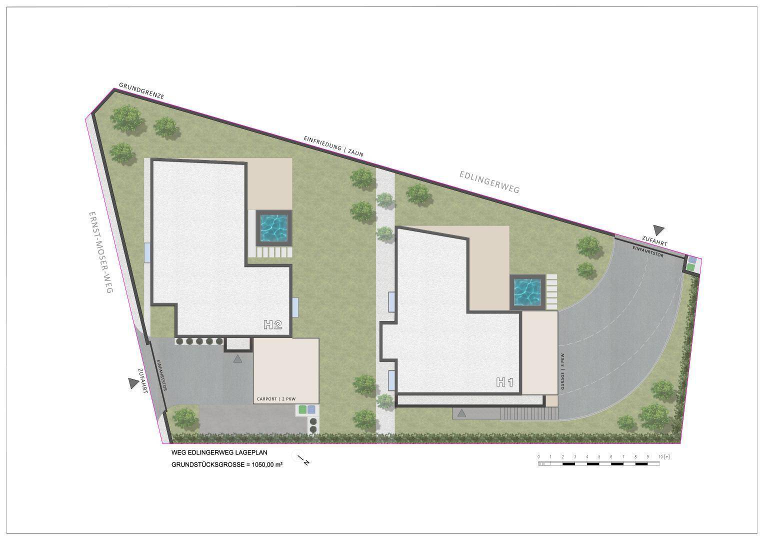 Lageplan der beiden Villen H1 und H2 mit Grundstücksgrenzen, Zufahrten und Pools.
