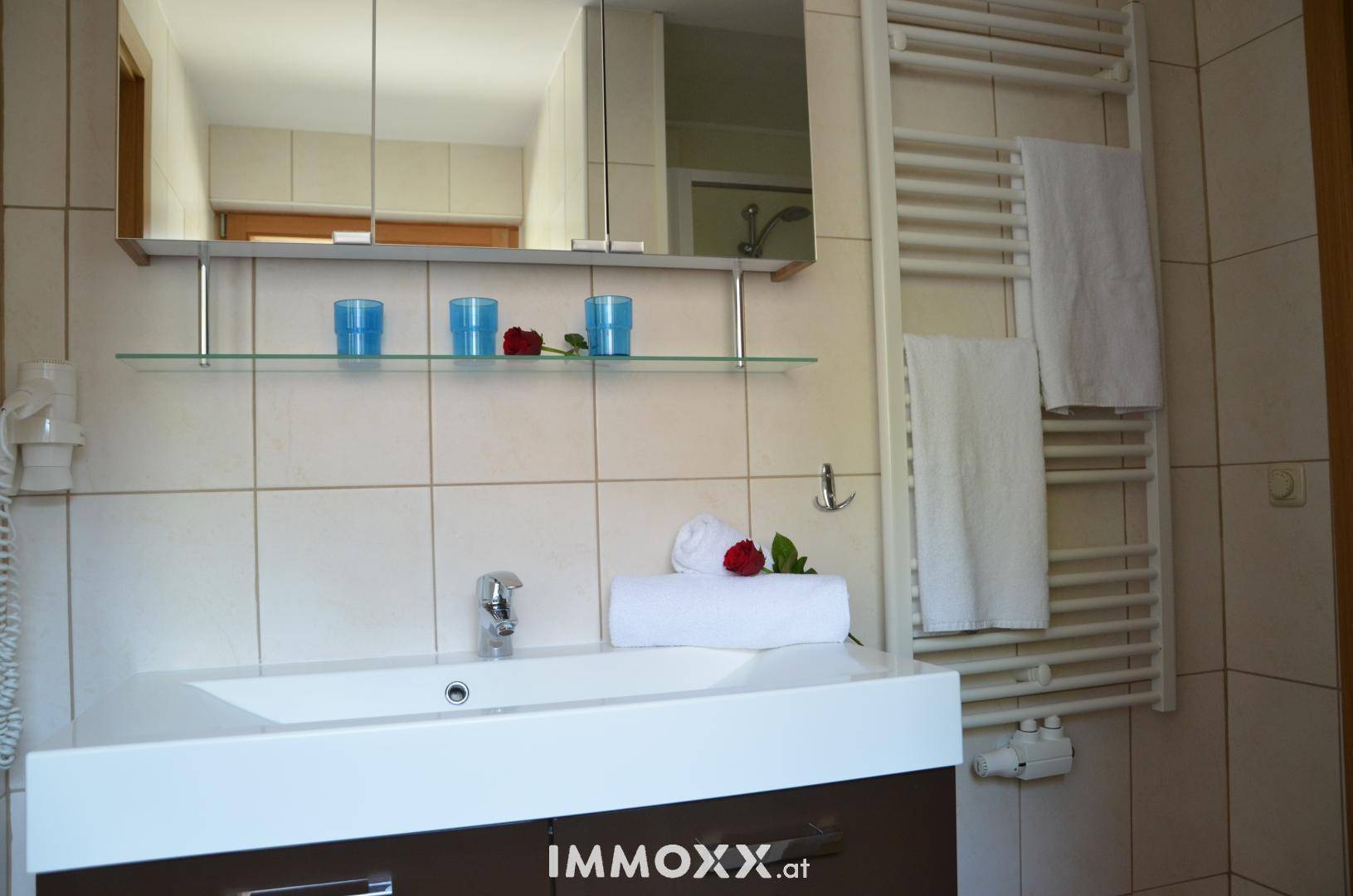 Modernes Badezimmer mit großem Waschbecken, Spiegelschrank und einem praktischen Handtuchheizkörper an der Wand.
