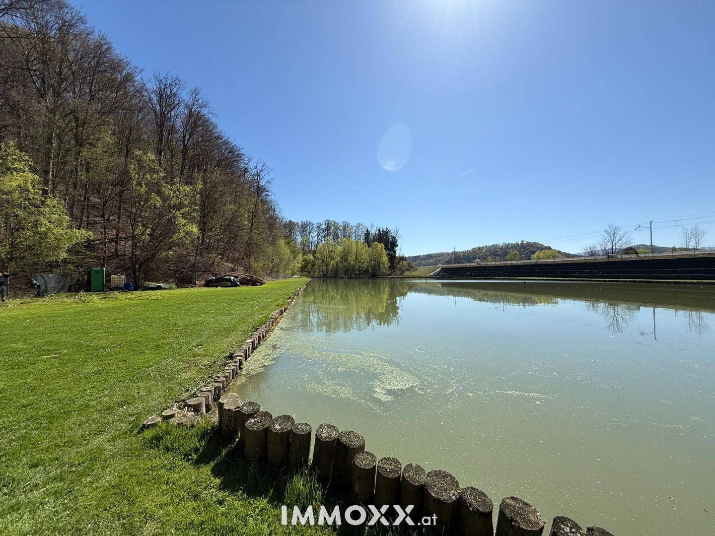 Weitläufiger Blick auf einen Teich mit bewaldeten Ufern und einem klaren blauen Himmel.
