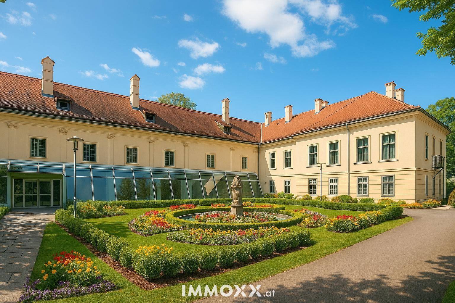Historisches Gebäude mit formalem Garten, Springbrunnen und einer modernen Glaserweiterung unter blauem Himmel.