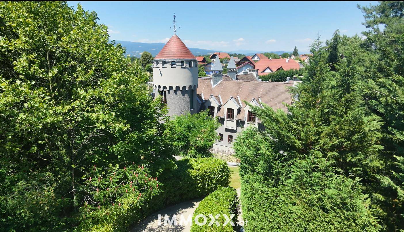 Blick auf den Turm und das Dach des Anwesens, umgeben von üppiger Vegetation und ländlicher Umgebung.