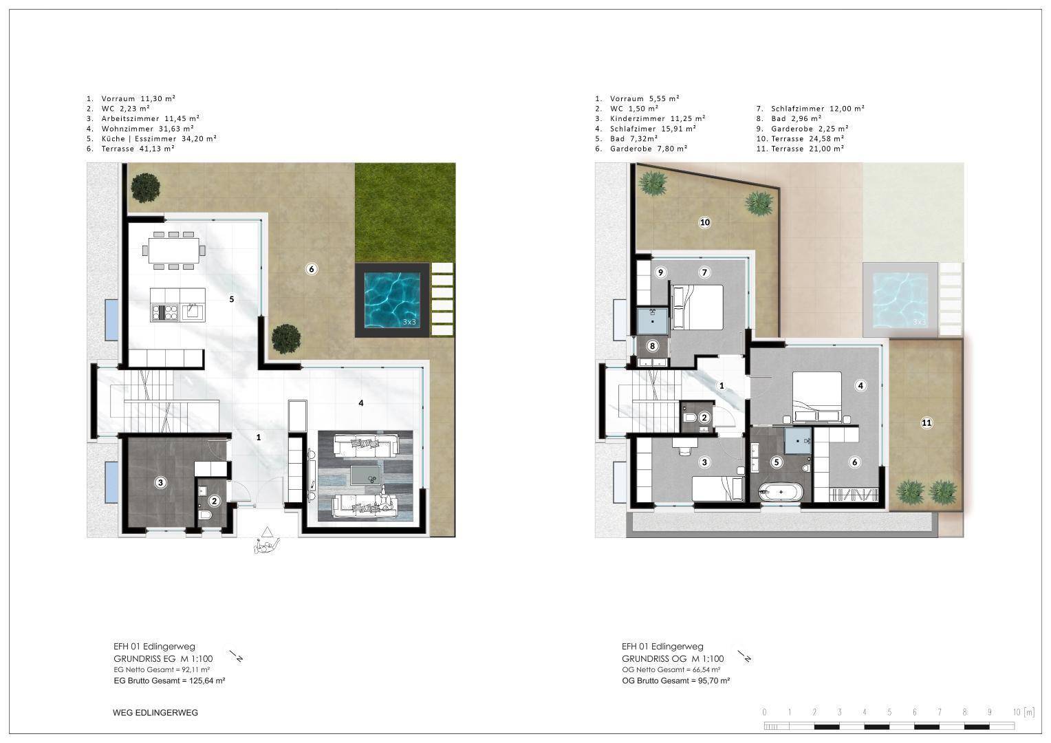 Grundrisse des Erd- und Obergeschosses von Haus H1 mit Wohnbereich, Schlafzimmern und Pool.