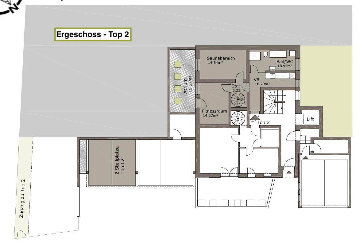 Grundriss des Erdgeschosses von Top 2 mit Sauna, Fitnessraum und Stellplätzen.