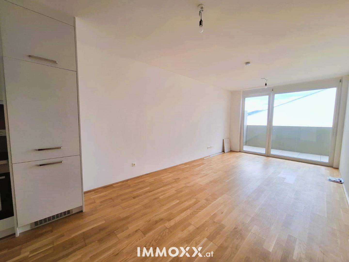 Offener Wohnbereich mit Holzboden und integrierter Küchenzeile, hell und modern gestaltet.