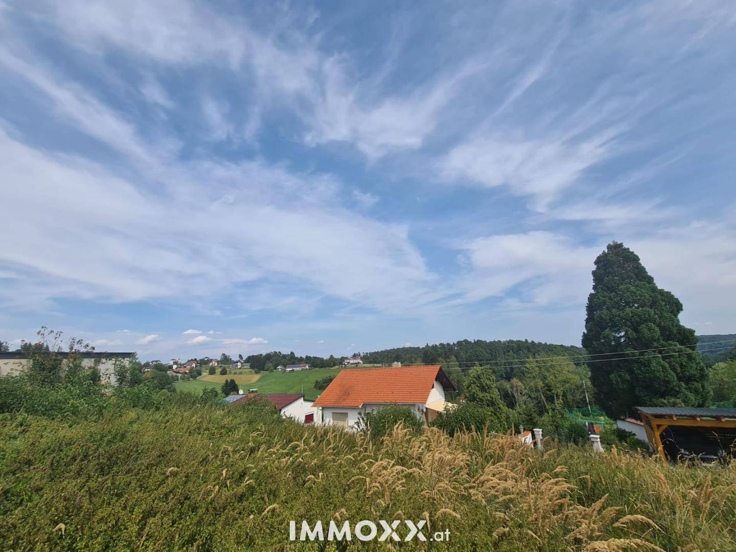 Panoramablick über ein bewachsenes Feld auf Häuser mit roten Dächern und eine weite, grüne Landschaft.