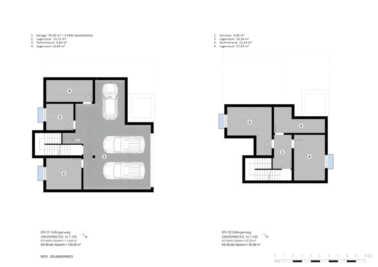 Grundrisse des Kellergeschosses mit Garage und Lagerräumen für zwei Wohneinheiten.