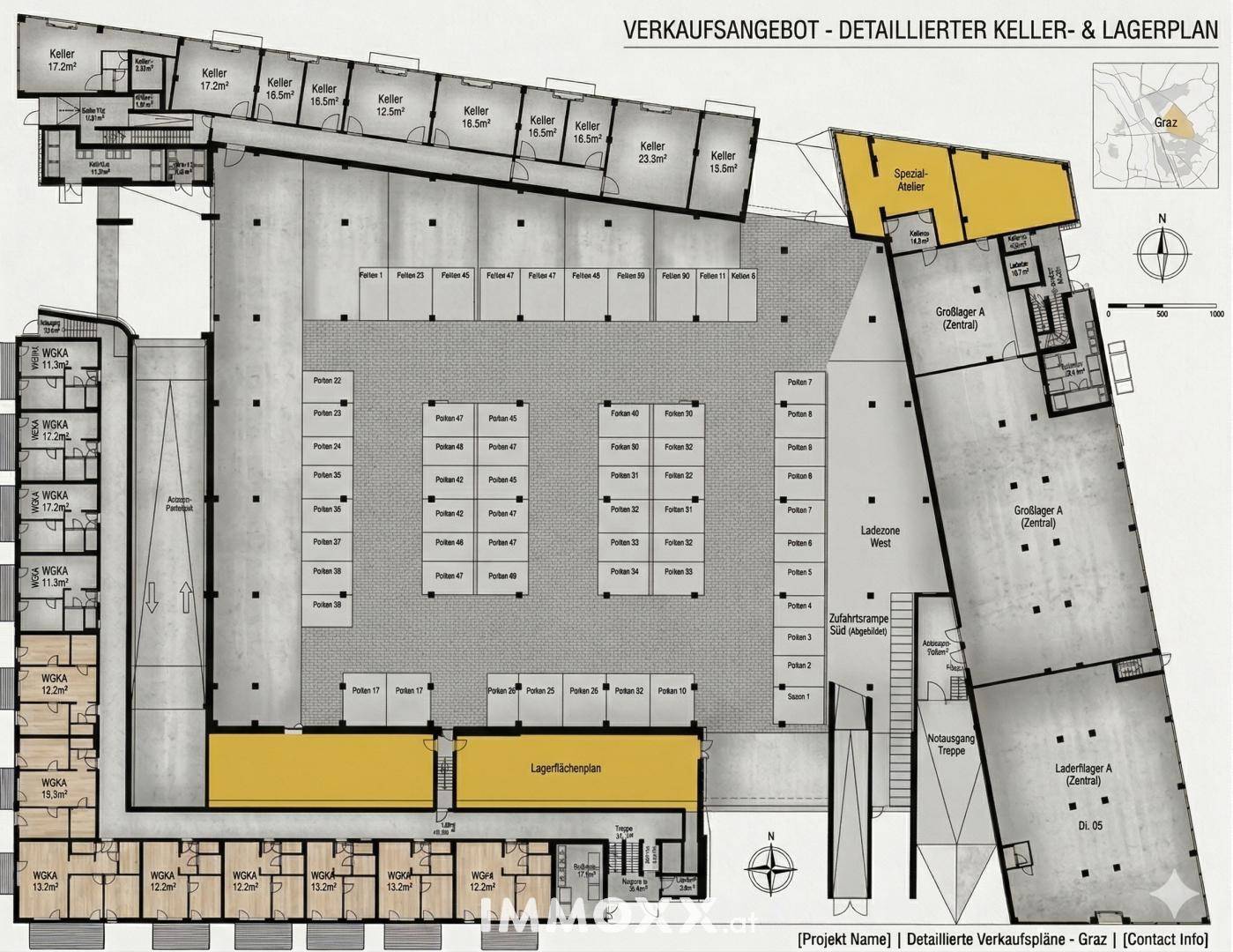 Detaillierter Keller- und Lagerplan mit vielen Parkplätzen, separaten Kellerräumen und Lagerflächen.