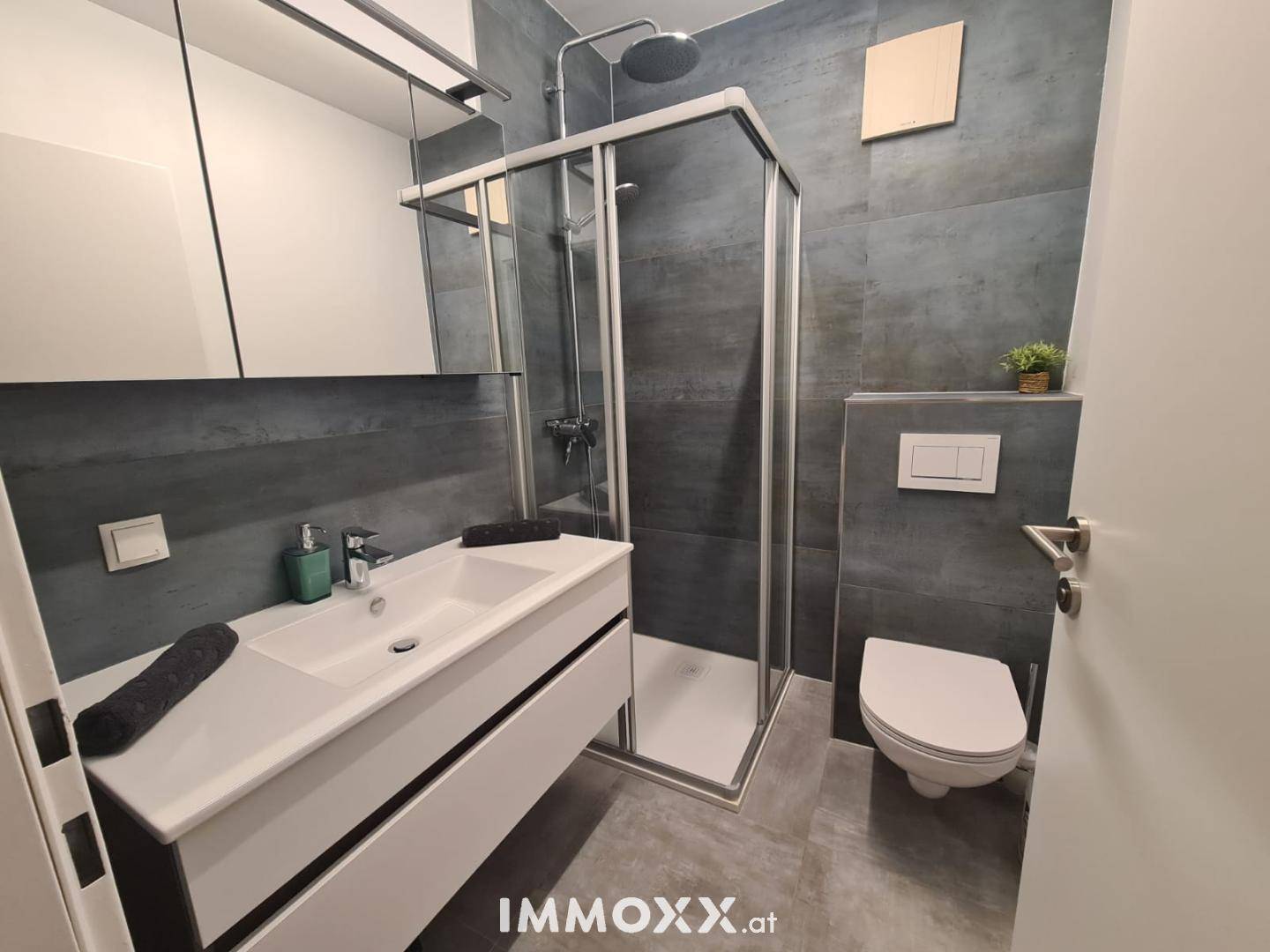 Modernes Badezimmer mit Duschkabine, Waschtisch und Wand-WC, ausgestattet mit dunklen Fliesen.