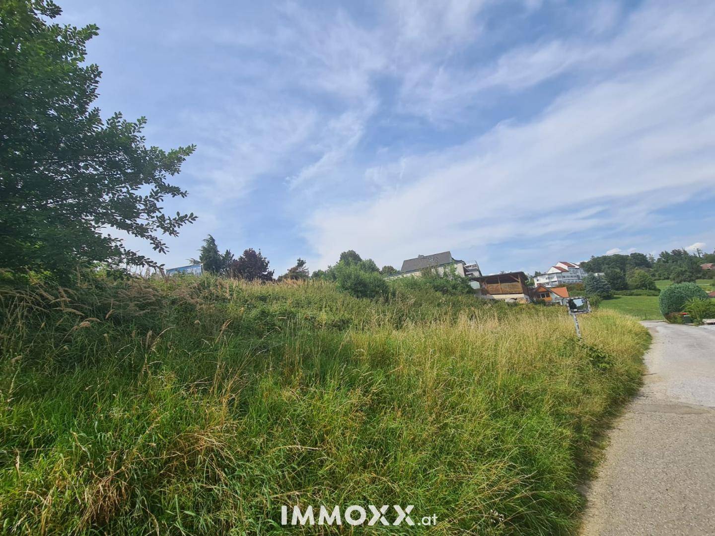 Hügeliges, grünes Grundstück mit üppiger Vegetation und einem Blick auf die umliegende Wohnbebauung.