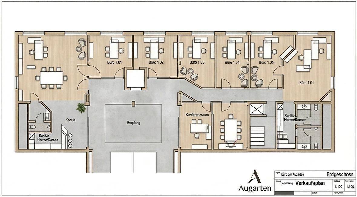 Grundriss des Erdgeschosses mit Büros, Empfangsbereich und Konferenzraum.