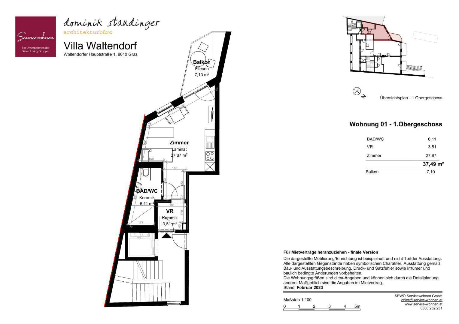Grundriss der Wohnung 01 im ersten Obergeschoss mit Balkon und effizienter Raumaufteilung.