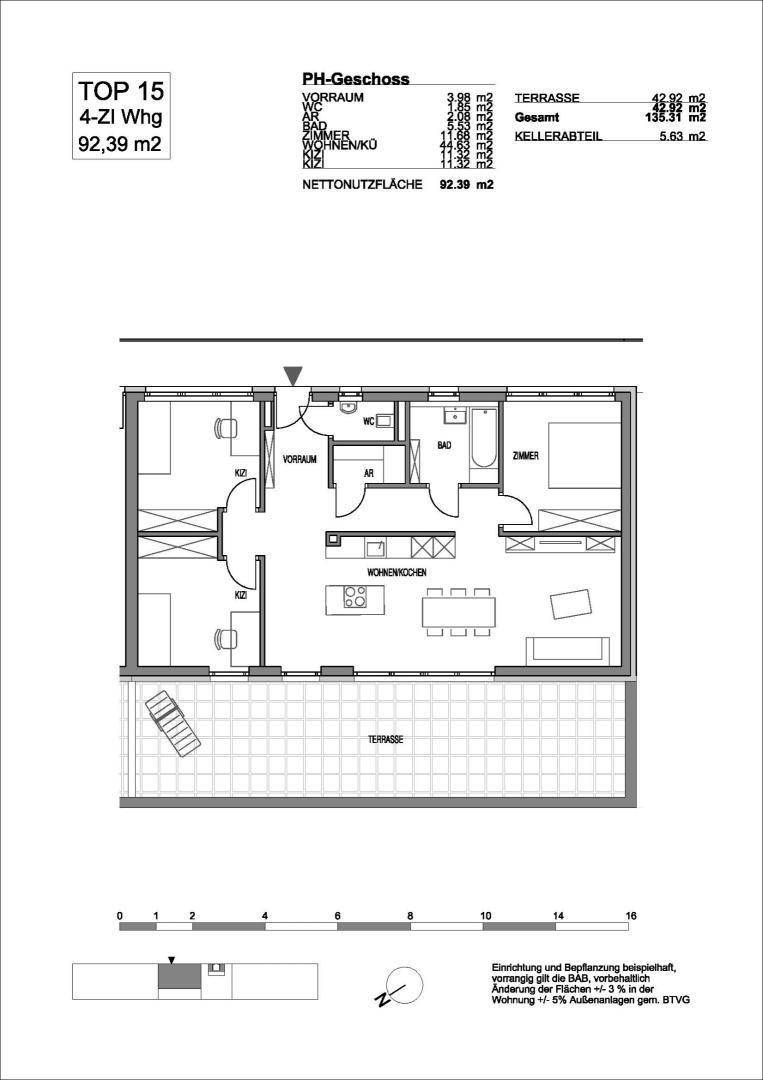 Grundriss einer 4-Zimmer-Wohnung mit großer Terrasse und offenem Wohn-Essbereich.