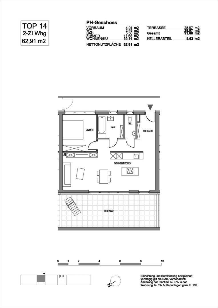 Grundriss einer 2-Zimmer-Wohnung mit offenem Wohnbereich, Schlafzimmer und großer Terrasse.