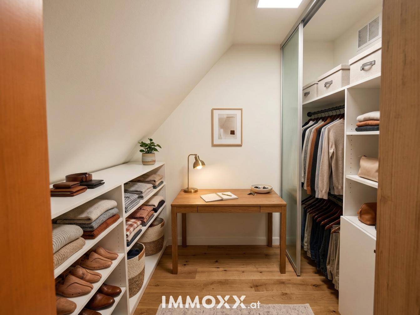 Praktischer begehbarer Kleiderschrank mit Regalen, Kleiderstangen und einem kleinen Schreibtisch.