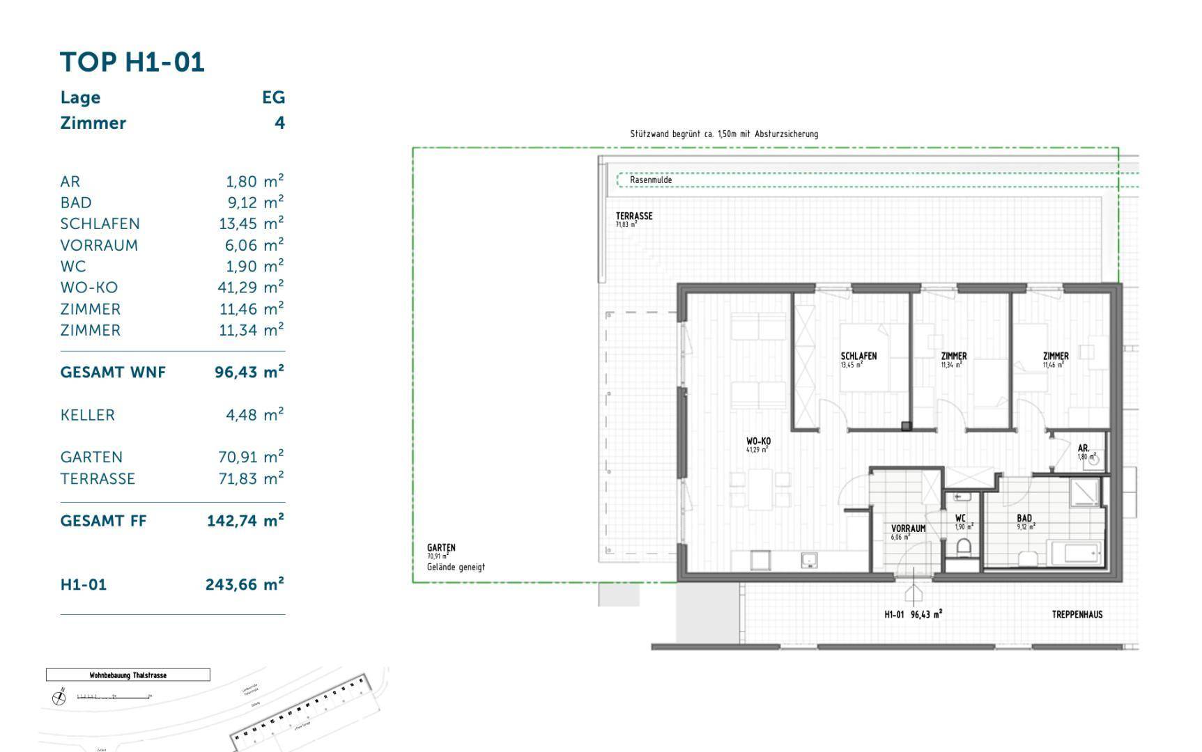 Grundriss für eine 4-Zimmer-Wohnung mit Terrasse, Garten und Kellerabteil im Erdgeschoss.