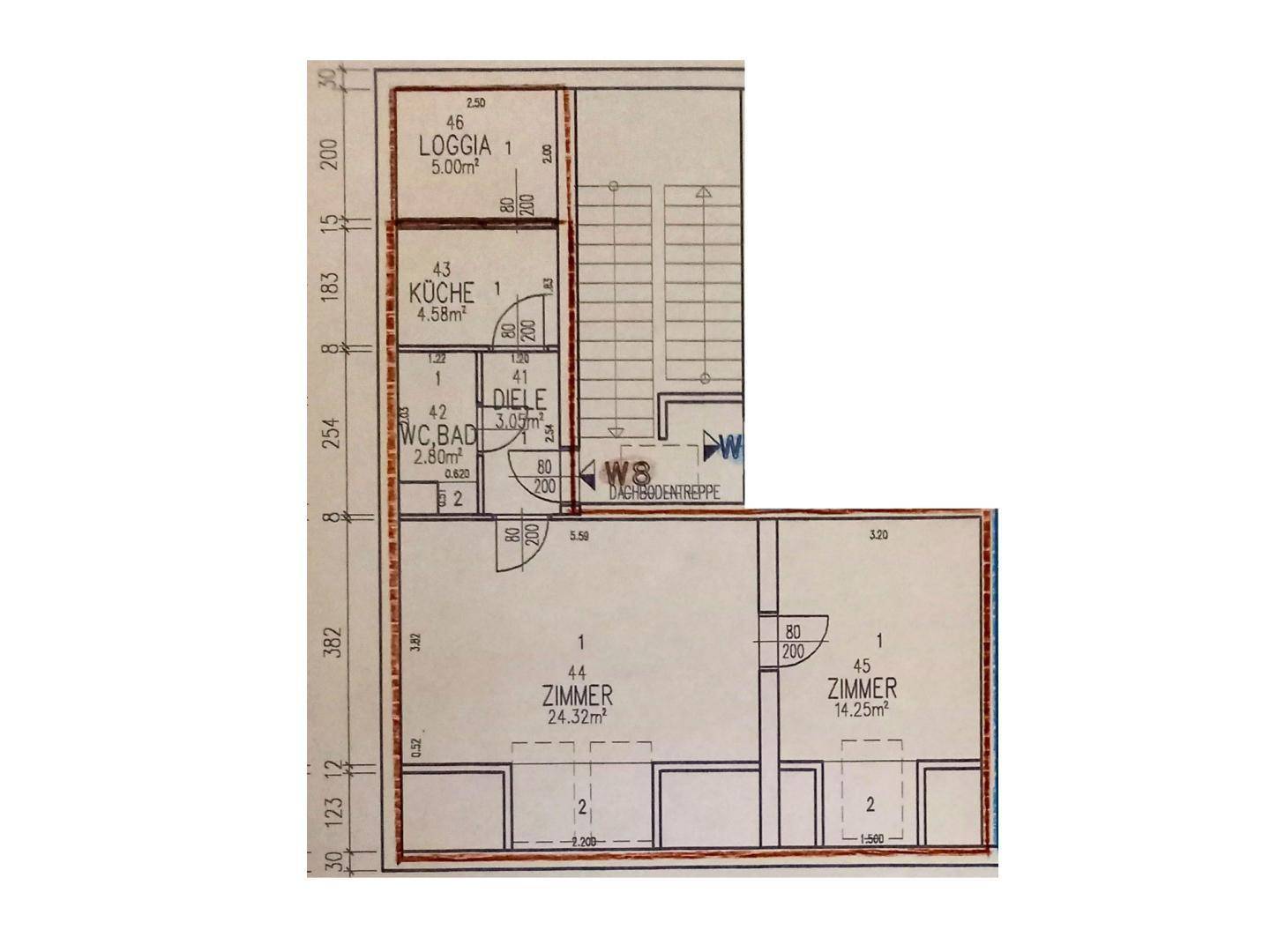 Grundrissplan mit Aufteilung in Loggia, Küche, Bad und zwei Zimmern, inklusive Flächenangaben.