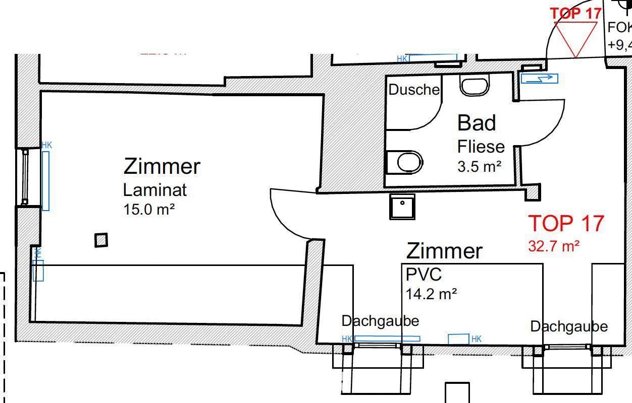 Grundriss der Einheit TOP 17 mit zwei Zimmern und einem Badezimmer.