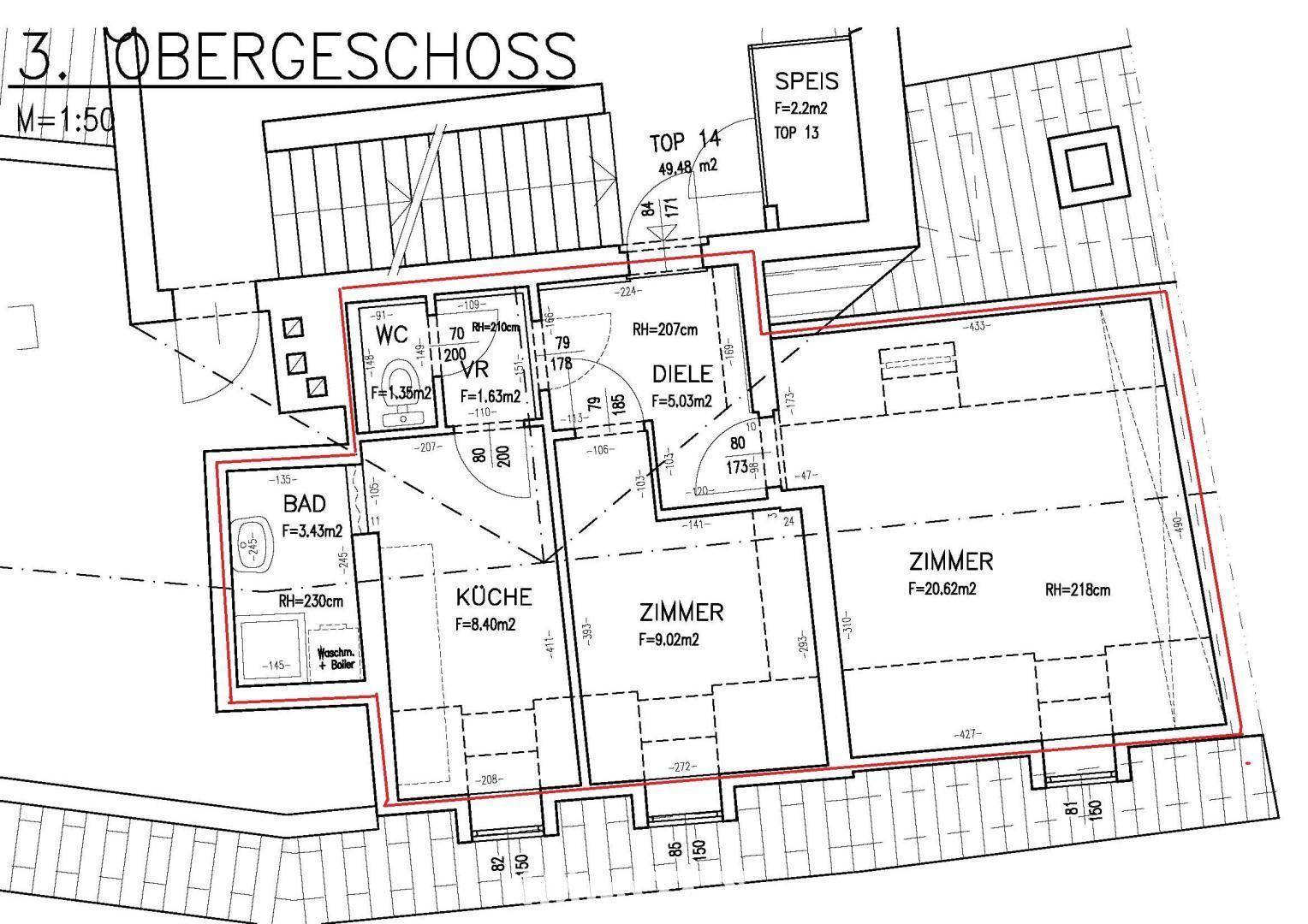 Grundriss des 3. Obergeschosses mit Küche, Bad, WC und mehreren Zimmern, detailliert dargestellt.