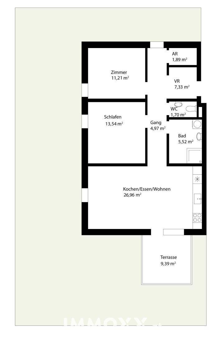 Detaillierter Grundriss einer Wohnung mit offener Wohnküche, Schlafzimmer und Terrasse.