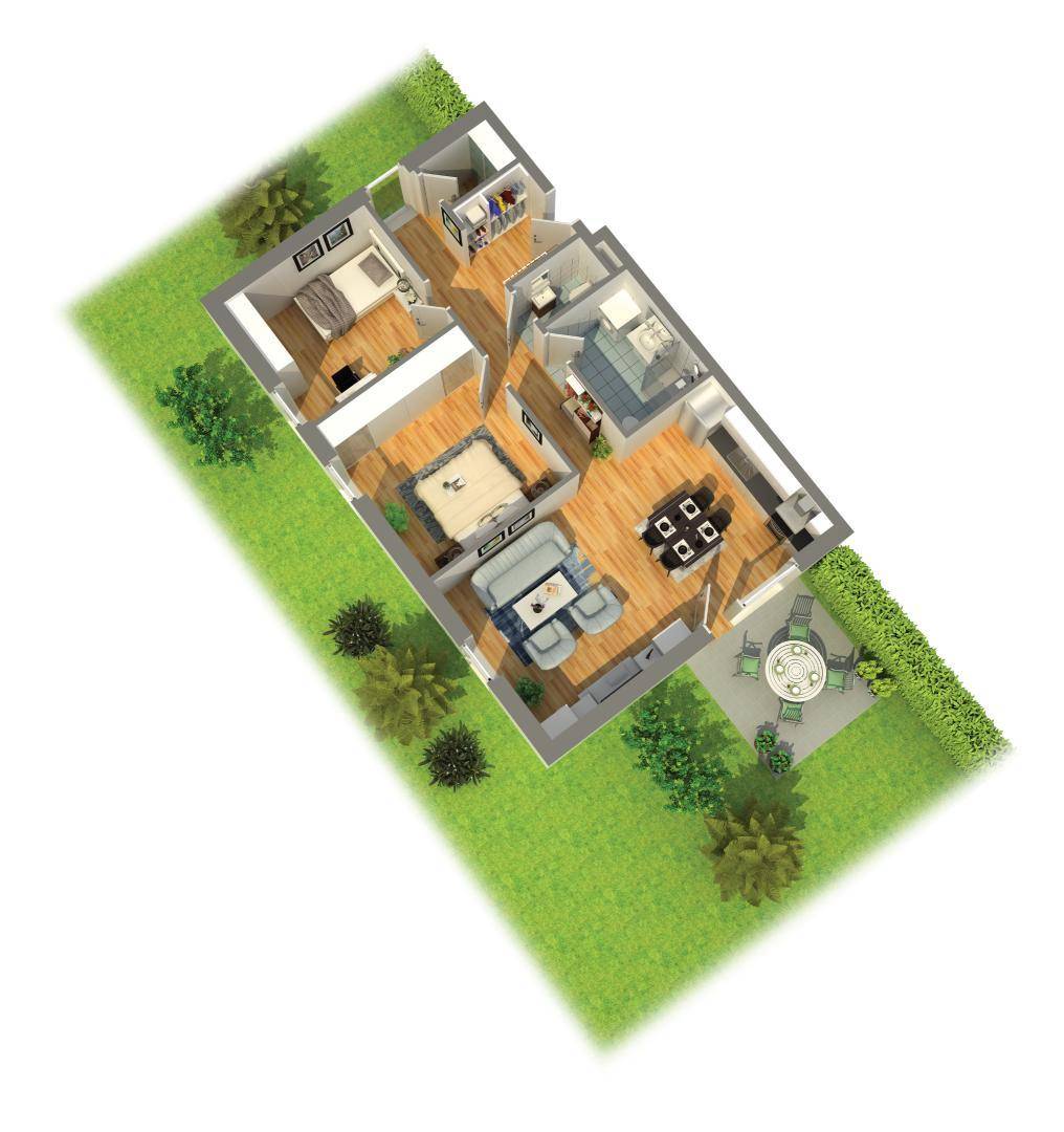 3D-Grundriss einer Wohnung mit offenem Wohnbereich, zwei Schlafzimmern und Terrasse.