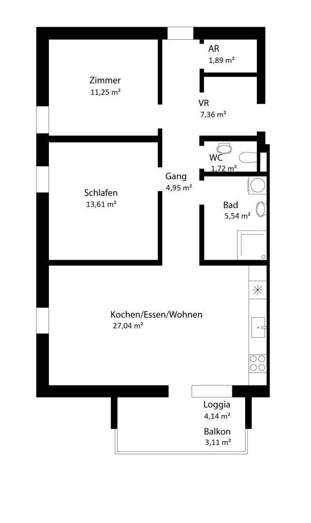 Detaillierter Grundriss einer Wohnung mit Loggia und Balkon, inklusive Raumgrößen.