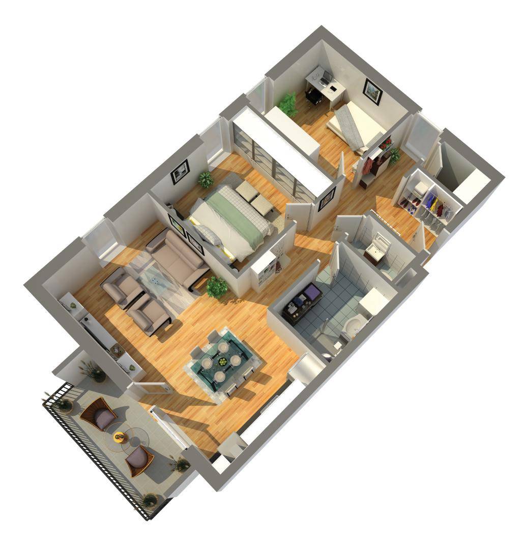 3D-Grundriss einer Wohnung mit offenem Wohnbereich, Schlafzimmern und Balkon.