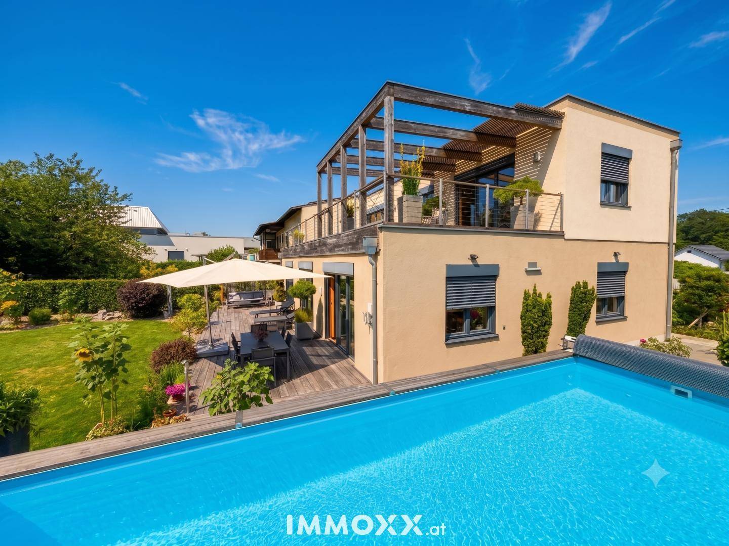 Moderne Villa mit Pool und weitläufigem Garten unter strahlend blauem Himmel.