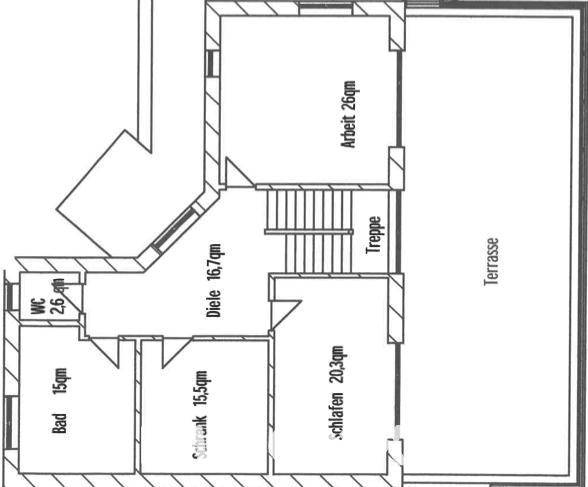 Grundriss des Obergeschosses mit Schlafzimmer, Arbeitszimmer, Bad, separatem WC und großer Terrasse.