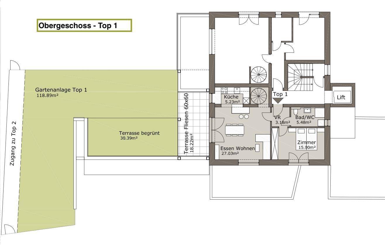 Grundriss des Obergeschosses mit offener Küche, Wohn-Essbereich und großer Terrasse.