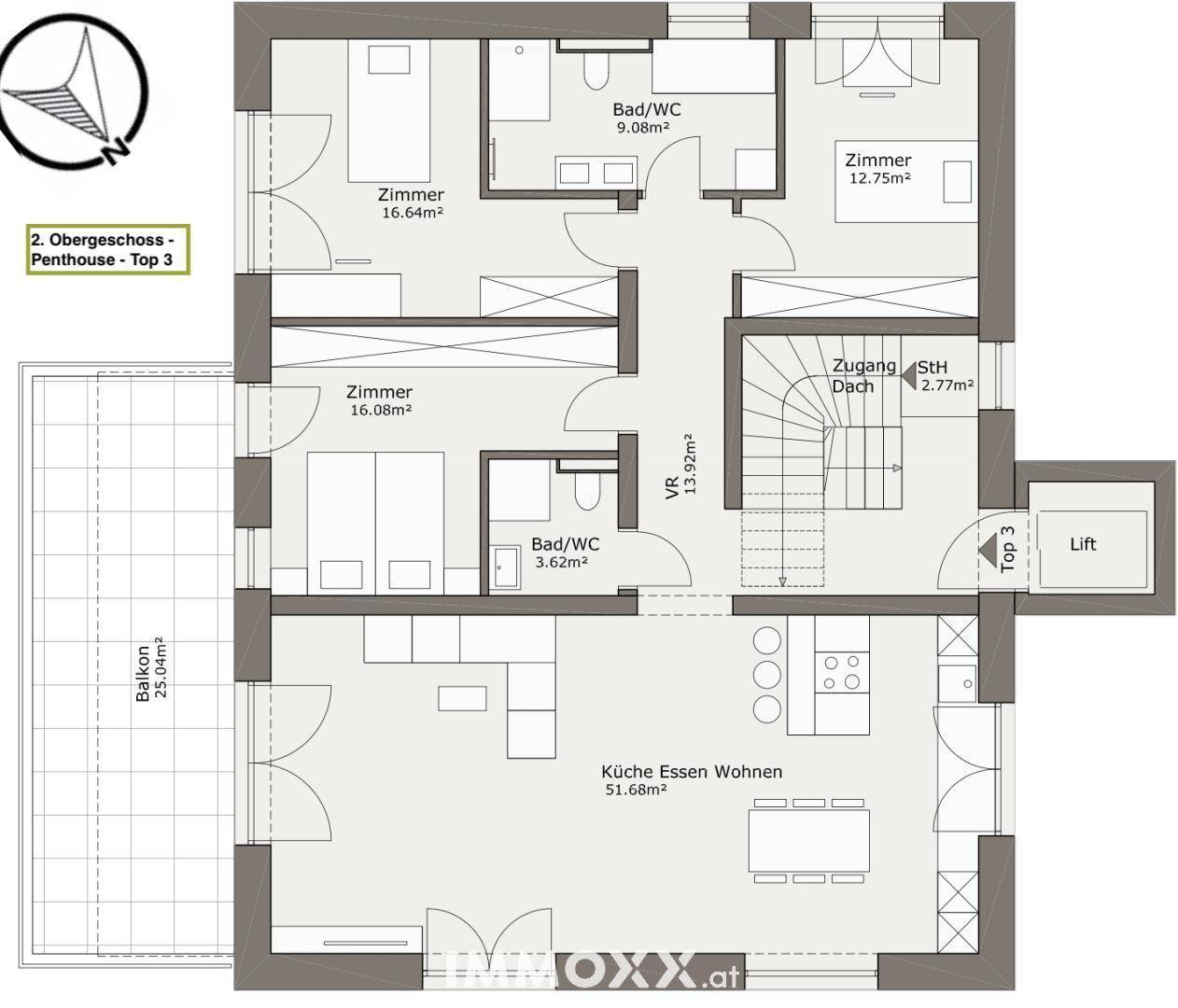 Grundriss des 2. Obergeschosses (Penthouse Top 3) mit drei Zimmern, zwei Bädern und großem Balkon.