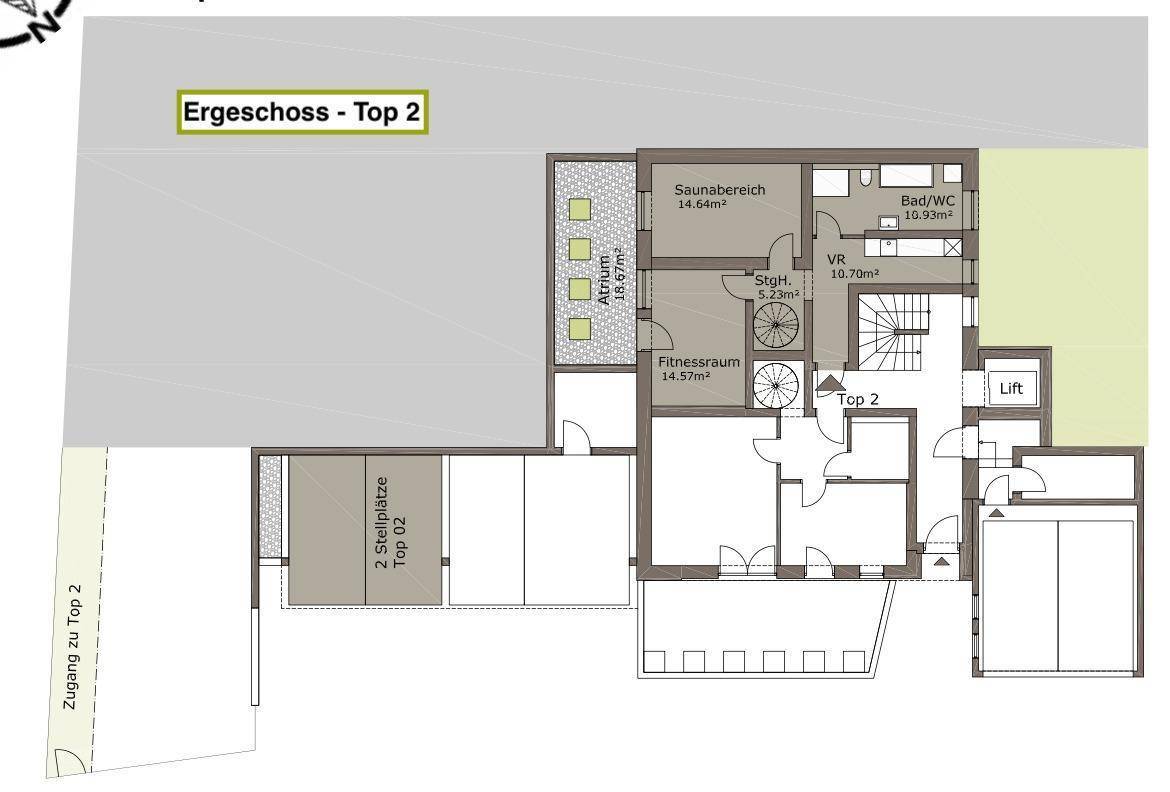 Grundriss des Erdgeschosses von Top 2 mit Fitnessraum, Saunabereich, Bad, Abstellraum und Stellplätzen.