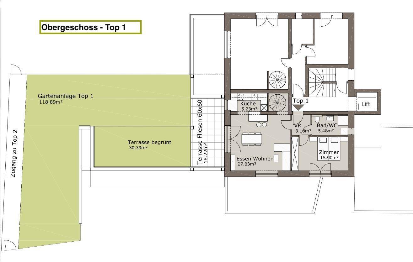 Grundriss des Obergeschosses von Top 1 mit offener Küche, Wohn-Essbereich, Zimmer, Bad und Gartenanlage.