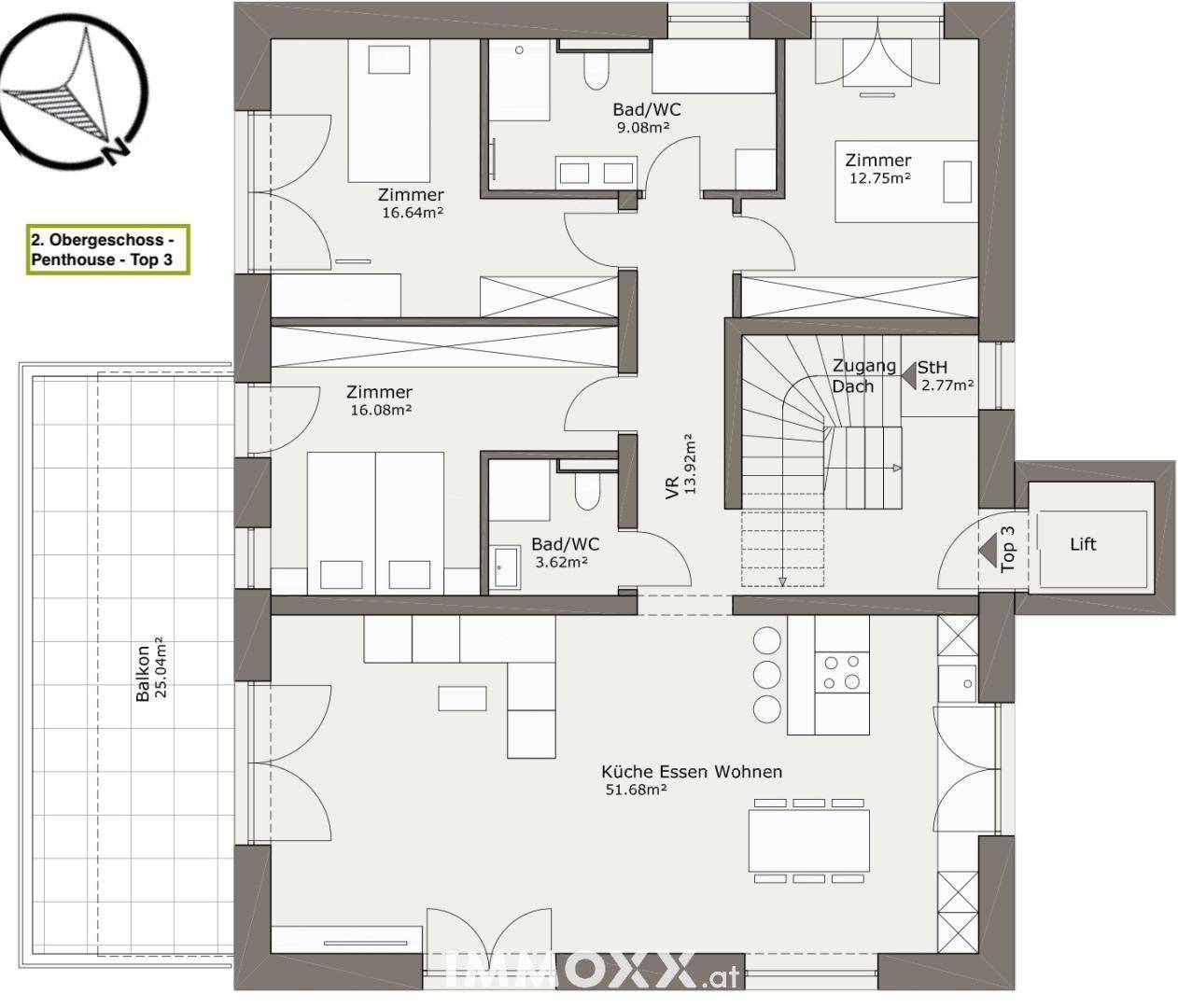 Grundriss des Penthouses im zweiten Obergeschoss mit drei Zimmern, zwei Bädern und großem Balkon.
