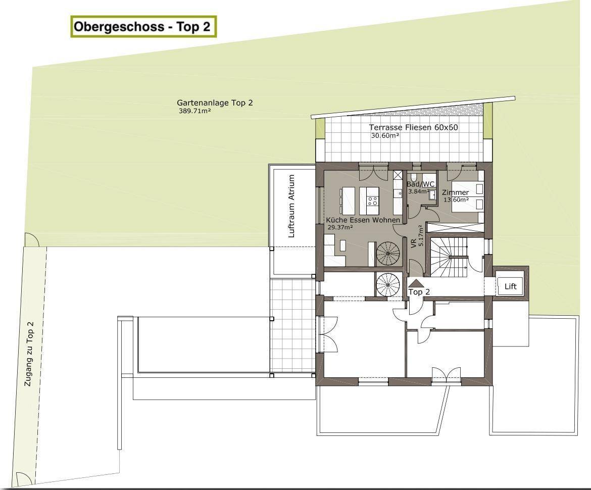 Grundriss des Obergeschosses von Top 2 mit offenem Wohnbereich, Zimmer, Bad, Garten und großer Terrasse.