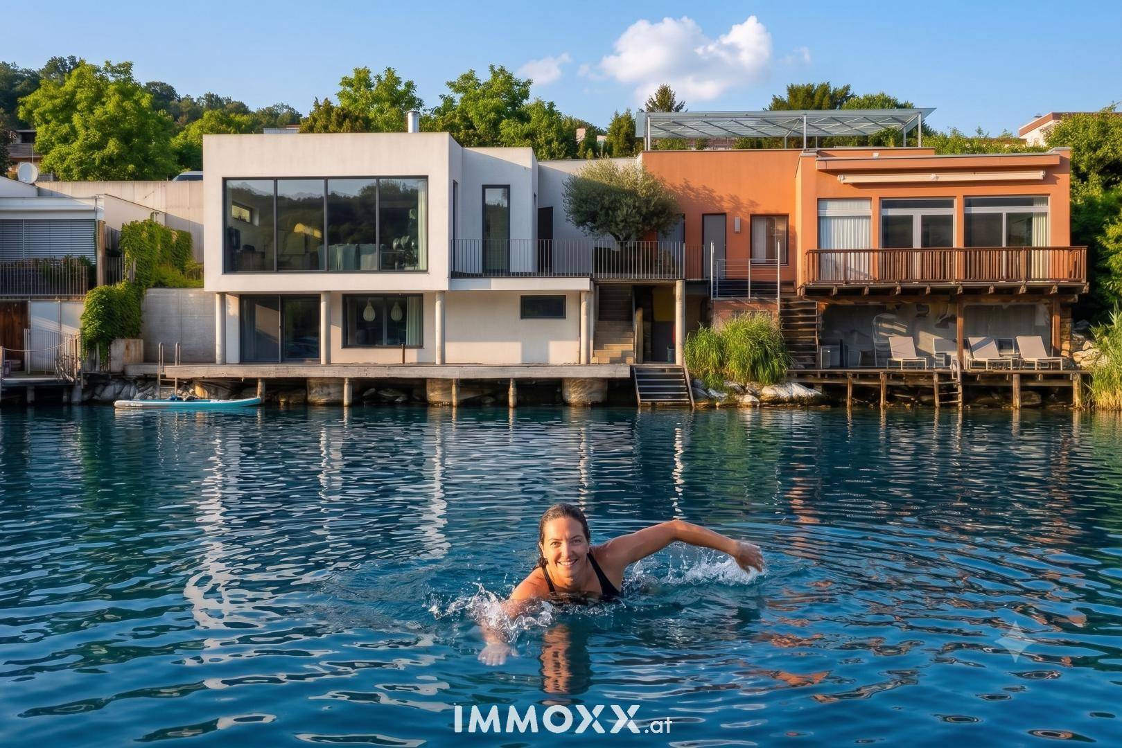 Schwimmerin im klaren See vor modernen Häusern mit direktem Wasserzugang und grüner Umgebung.