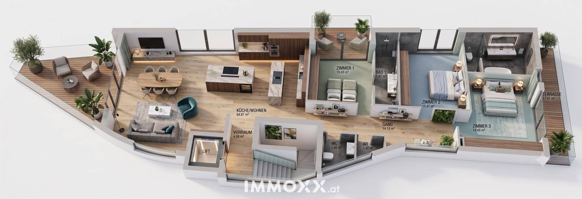 Detaillierter 3D-Grundriss einer Wohnung mit offener Küche, Wohnbereich und mehreren Schlafzimmern.